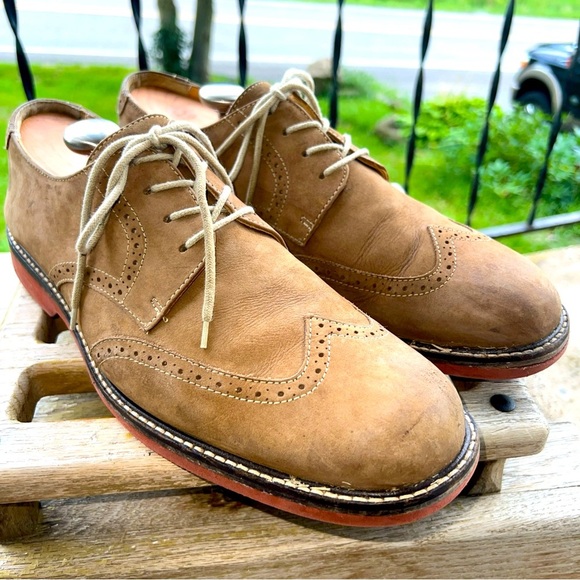 EUC Johnston & Murphy Men's Tan Sheepskin Suede Wingtip Oxford Sz 12M 20-3260 - Picture 1 of 13